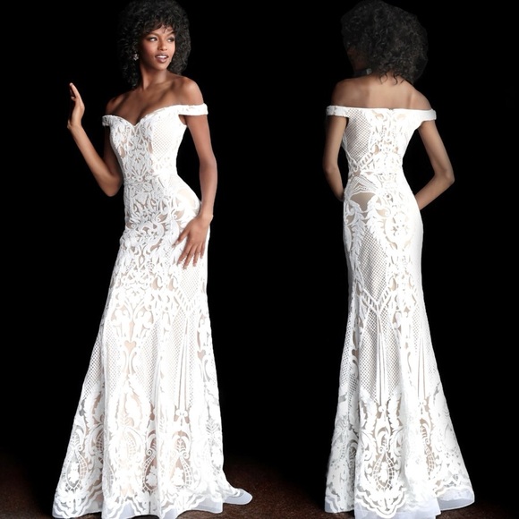 JOVANI 64277 OFF WHITE SEQUIN DECO SWEETHEART FITTED TRUMPET EVENING GOWN DRESS - Picture 1 of 15